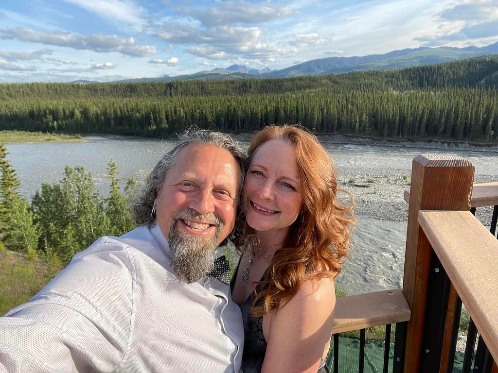 A woman and man embracing